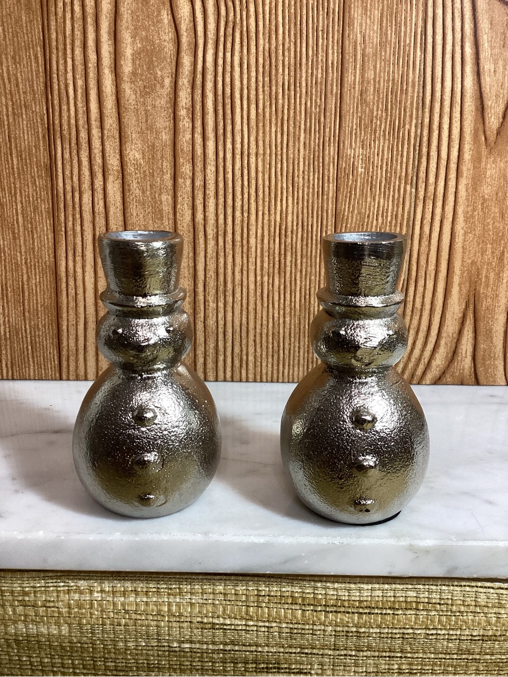 Bee & Willow Silver Textered Decorative Snowman Taper Candle Holders -